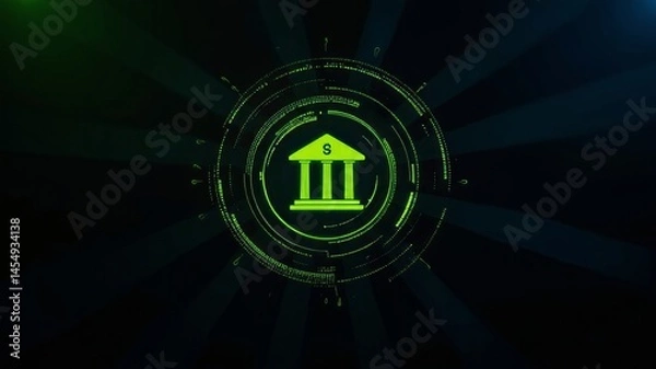 Fototapeta Lime Green Bank Icon Surrounded by Concentric Data Rings on Dark Background