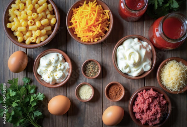 Obraz Food image from above of cooking ingredients on a rustic wooden table