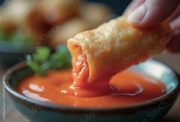 Fototapeta Hand dipping a spring roll into the sweet chili sauce