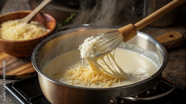 Obraz Making a creamy sauce in a saucepan with a wooden spoon