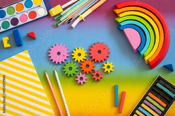 Fototapeta Creative tools and colorful supplies set on a vibrant workspace ready for artistic activities and children's crafts