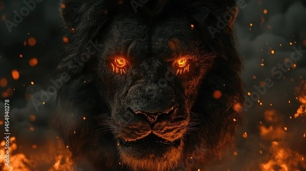 Fototapeta Fierce lion in fiery inferno