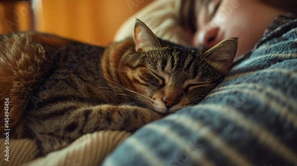 Fototapeta A cat curled up next to a sleeping person on a couch.