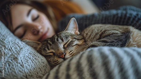 Fototapeta A cat curled up next to a sleeping person on a couch.