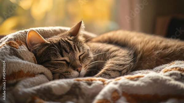 Fototapeta A cat curled up on a blanket sleeping in the afternoon sun.