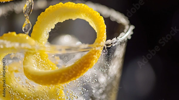 Fototapeta A close-up of a cocktail being garnished with a citrus peel twist.