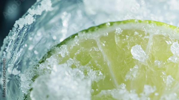 Fototapeta A close-up of a margarita cocktail with a salted rim and lime wedge.