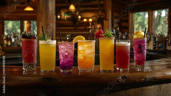 Fototapeta A collection of vibrant cocktails displayed on a rustic wooden bar.