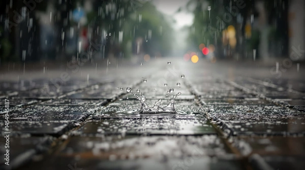 Obraz Rainy street scene on wet pavement in urban setting
