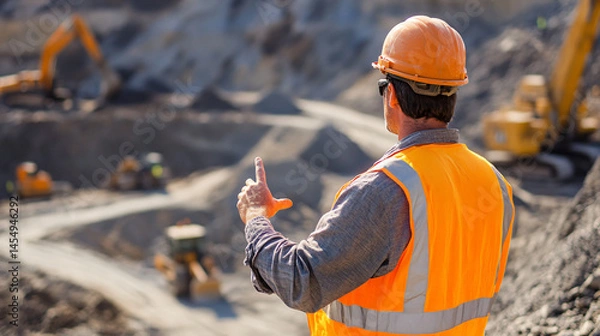Fototapeta A construction foreman giving instructions in a gravel quarry.