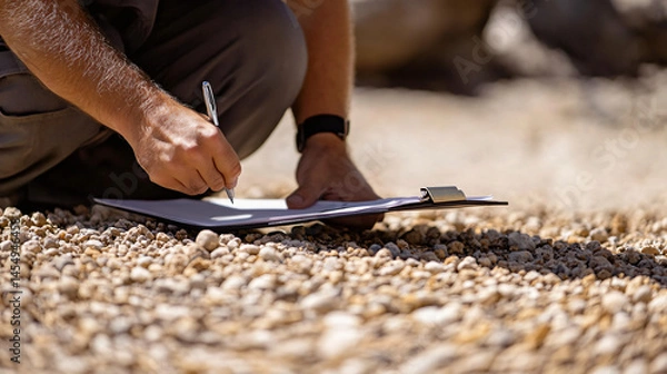 Fototapeta A construction worker with a clipboard inspecting gravel quality.