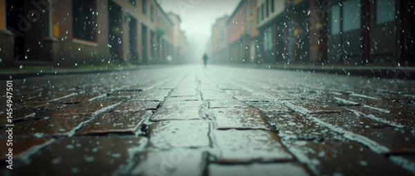 Obraz Rainy street scene on wet pavement of urban ambience