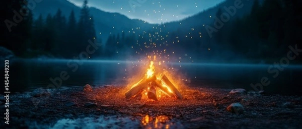 Fototapeta Campfire burns brightly with sparkling embers alongside calm lake surrounded by mountains and forest at dusk, offering warmth, light, and tranquil nature scene.