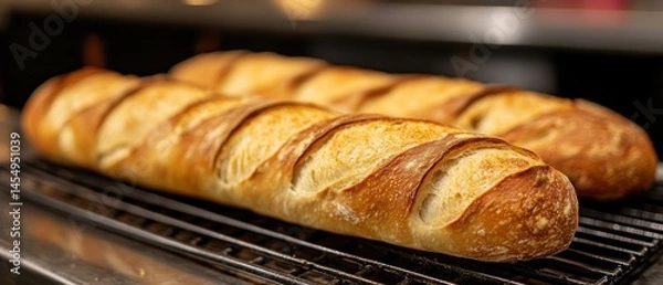 Fototapeta Two crusty baguettes rest on cooling rack after emerging from oven, inviting consumption.