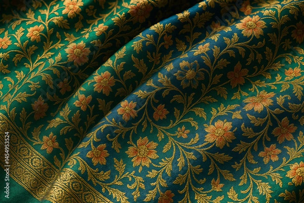 Fototapeta Luxurious South Asian handwoven fabric with floral embroidery and gold zari work. Draped in folds, featuring emerald green, deep blue, and gold tones. Perfect for ethnic or textile design use