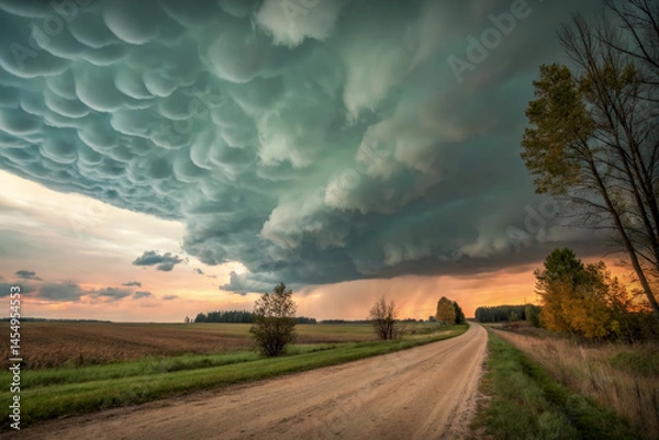 Obraz Weather conditions in the form of beautiful Mammatus clouds above field