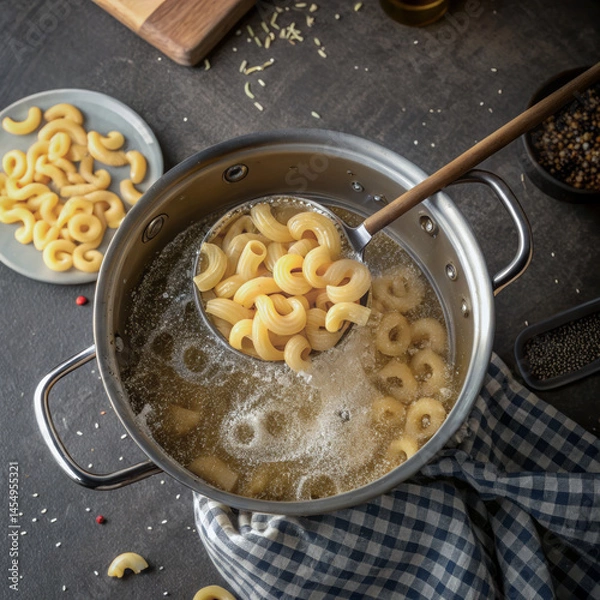 Obraz The process of draining macaroni as part of the pasta preparation