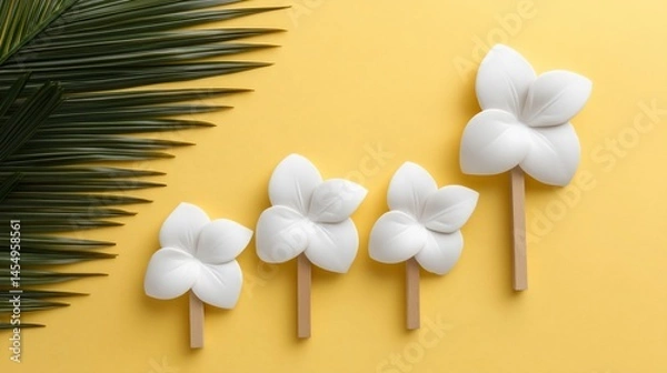 Obraz Four white orchid-shaped decorative items on sticks, arranged in a growth pattern against a yellow background with a palm leaf