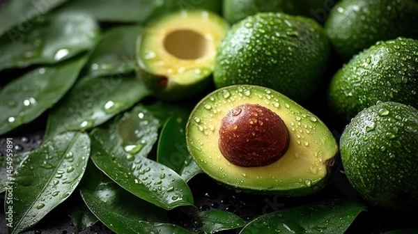 Fototapeta Fresh Green Avocados with Raindrops and Leaves