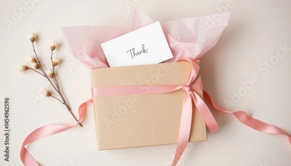 Obraz Expressing Gratitude: A Gift Box with Delicate Blooms and a Handwritten Card