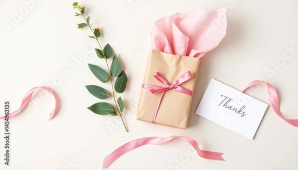 Obraz Delicate thank you arrangement featuring a wrapped gift and a heartfelt appreciation note