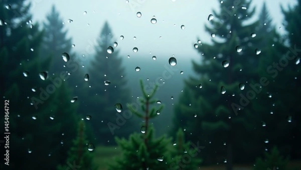 Fototapeta Rainy Day View Through Window Misty Forest and Raindrops