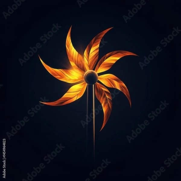 Obraz Colorful spinning pinwheel with golden leaves against a dark background at dusk