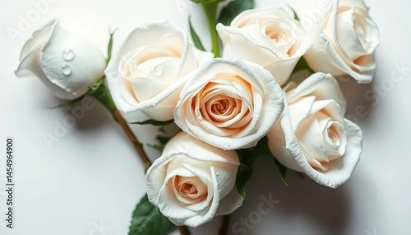 Obraz Elegant Arrangement: Exquisite white roses with soft pastel centers on a pristine white background
