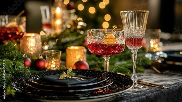 Obraz Festive Christmas dinner table setting with cocktails.