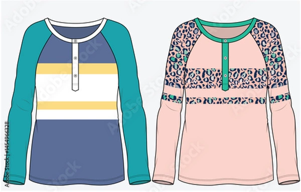 Obraz STRIPER  HENLEY PLACKET CREW NECKLINE TEE AND CUT AND SEW ANIMAL PRINT PATTERN TEE WITH LONG RAGLAN SLEEVES DETAIL DESIGNED FOR YOUNG WOMEN AND WOMEN IN VECTOR FILE
