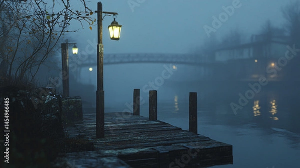 Obraz 1900 early morning scene at a foggy riverside dock.