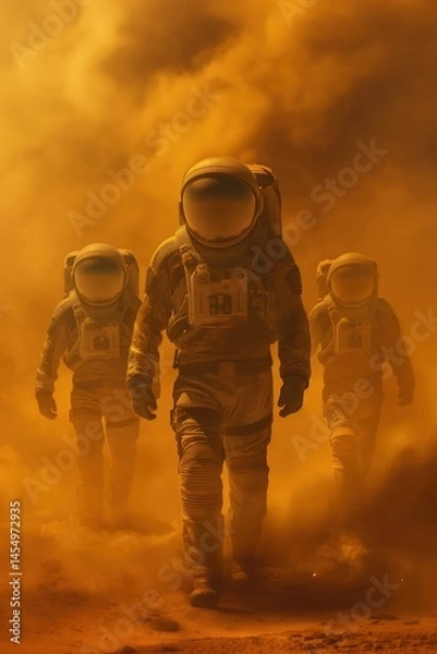 Fototapeta Astronaut leader walking through dust storm with two teammates. Futuristic sci-fi mission on Mars.