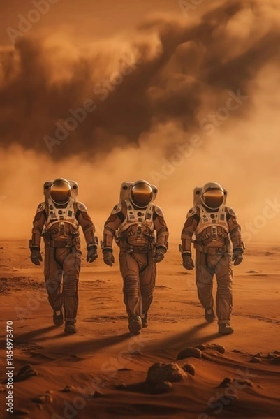 Fototapeta Three astronauts walking side by side across rocky terrain. Sci-fi teamwork and mission theme