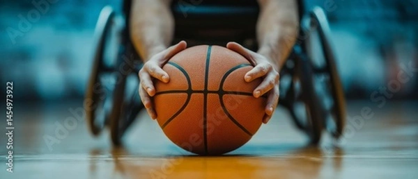 Fototapeta Disabled basketball player holds basketball with both hands, ready for action.