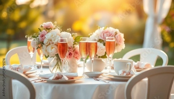 Obraz Elegant outdoor celebration with ros? champagne, floral centerpiece and idyllic backdrop for a special occasion