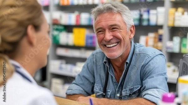Fototapeta Elderly man shares a joyful moment with a pharmacist in a busy drugstore, showcasing a friendly interaction during a consultation about medication