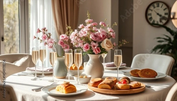 Obraz Elegant Brunch Setting with Sparkling Wine and Floral Accents in Natural Light