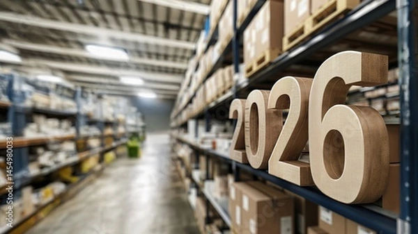 Obraz Cardboard numbers 2026 placed in a large warehouse aisle. Logistics and planning concept for new year