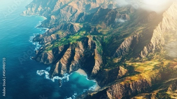 Obraz Aerial view of coastal mountains, ocean, beach; travel brochure