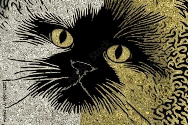 Fototapeta Illustration featuring a close-up look at a cat in a monochromatic finely-patterned style