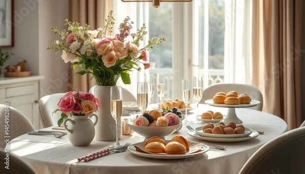 Obraz Elegant table setting featuring fresh flowers, sparkling champagne and delightful pastries for a refined dining experience