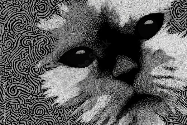 Fototapeta Illustration featuring a close-up look at a cat in a monochromatic finely-patterned style