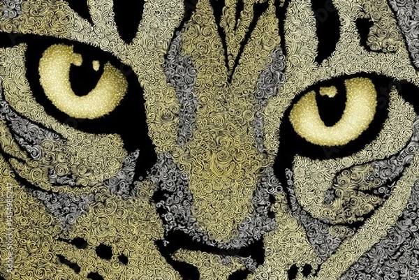 Fototapeta Illustration featuring a close-up look at a cat in a monochromatic finely-patterned style
