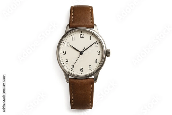 Fototapeta Classic Brown Leather Strap Watch with Minimalist White Dial
