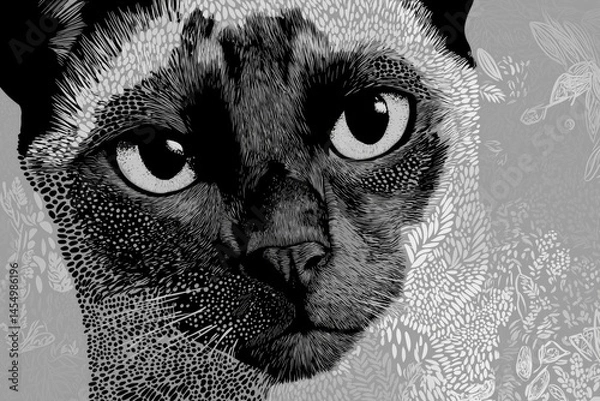 Fototapeta Illustration featuring a close-up look at a Siamese cat in a monochromatic finely-patterned style