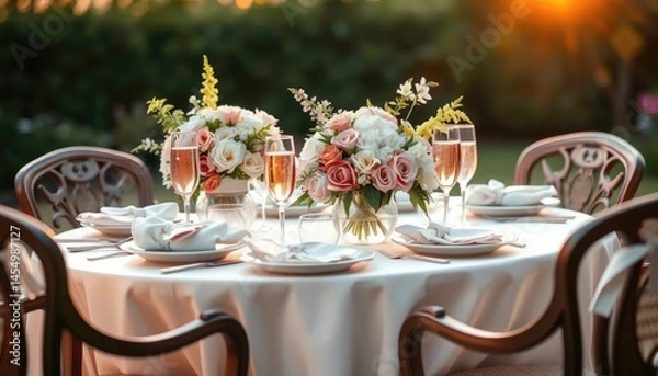 Obraz Elegant outdoor dinner setting showcasing floral arrangements and champagne glasses on a white tablecloth-covered round table