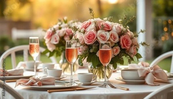 Obraz Elegant table setting with rose champagne and floral arrangements for celebratory occasions