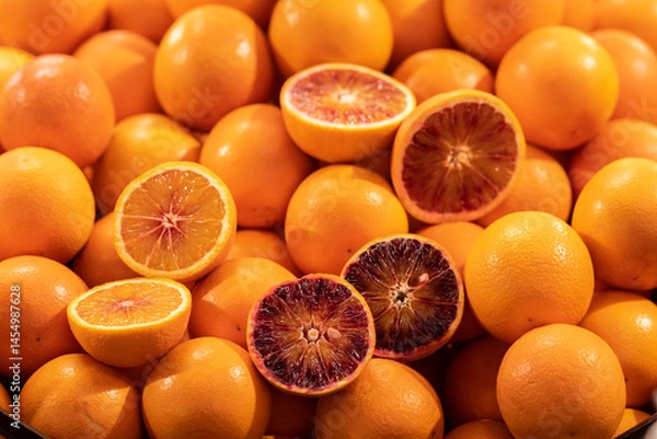Fototapeta Beautiful oranges displayed in a row on a stall in the fruit and vegetable market with some oranges cut open in half
