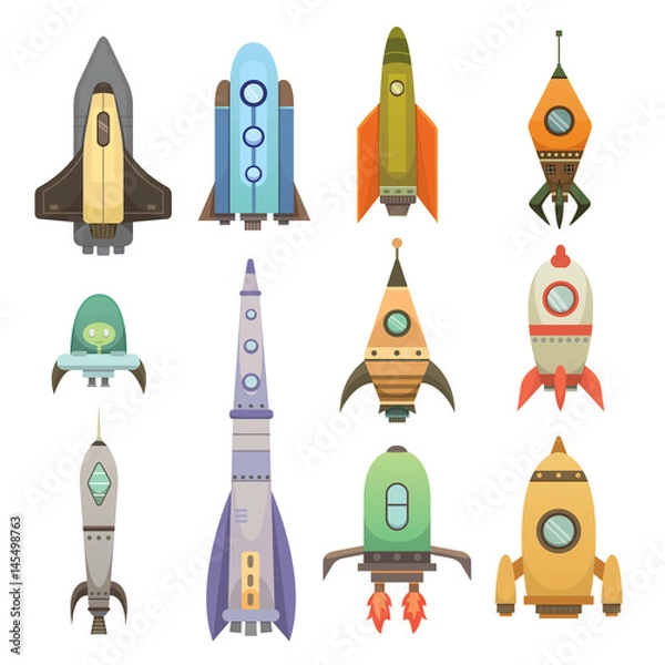 Fototapeta Rocket ship in cartoon style. New Businesses Innovation Development Flat Design Icons Template. Space ships illustrations set.