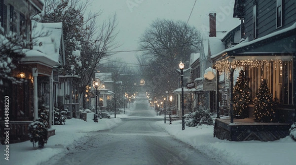 Obraz 1900 festive winter scene with snowfall in town.